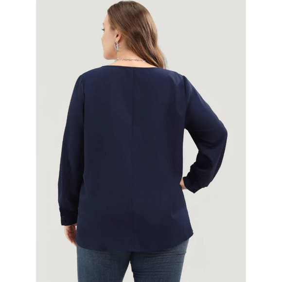 Bloomchic Women 30 Navy Blue 1/4 Button Front Flowy Roll Tab Sleeve Blouse NEW - Picture 3 of 9